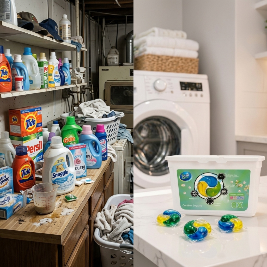 Comparação: lavanderia bagunçada vs lavanderia clean com Lave Caps