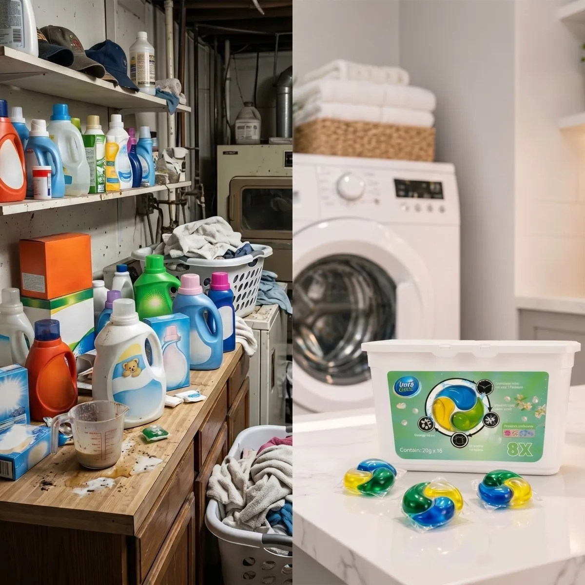 Comparação: lavanderia bagunçada vs lavanderia clean com Lave Caps